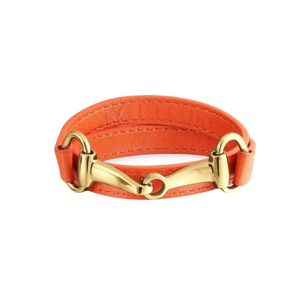 Leather Equestrian Snaffle Horse Bit Design Double Wrap Bracelet ~ Orange Gold